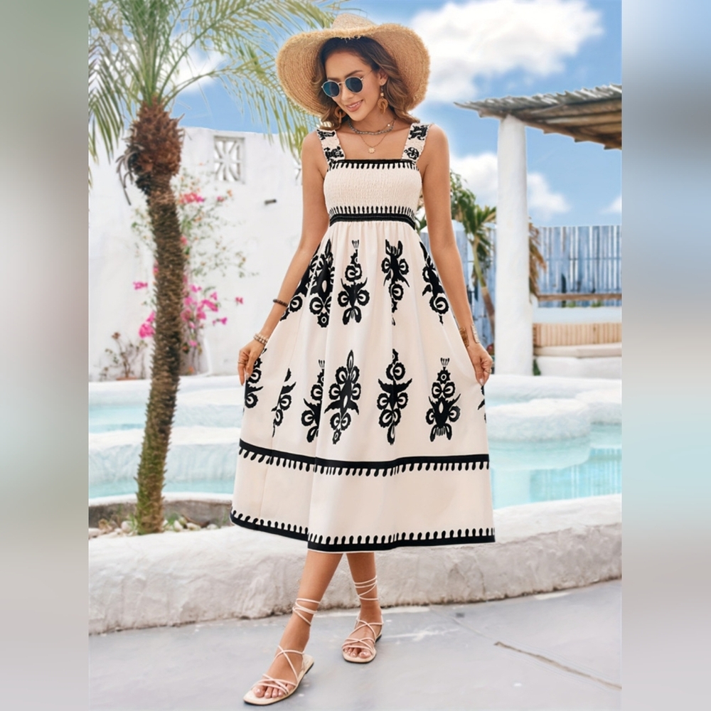 Elegant Smocked Bodice Contrasting Chic Sleeveless Summer Boho Midi Dress Cream